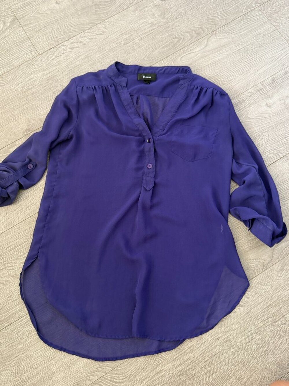 B-Wear Purple Sheer Roll Tab Sleeve Blouse Size M